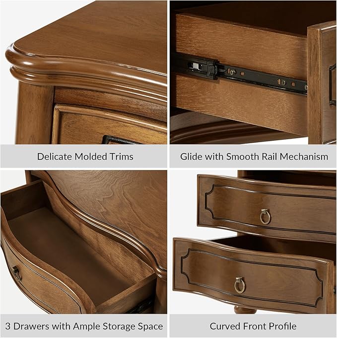 HULALA HOME Traditional Side Table with 3 Drawers, Tall Side Table with Curved Front Profle Desgin, Charging Station, Solid Wood Legs, SEADRIFT