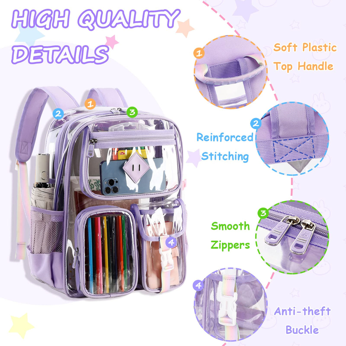 PIG PIG GIRL Clear Backpack for School,Heavy Duty PVC Transparent Bookbag for Girls Stadium Approved See Through Backpack