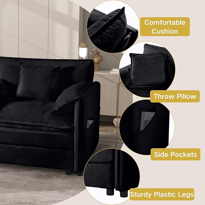 109.45" Oversized Extra Deep Seat Modern Chenille Cloud Couch, Large 3 Seater Modular Sofa for Living Room,Convertible Sofa Bed,Bedroom Apartment Office(Black, 109.45 Inch+3Ottoman)
