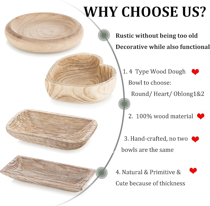 Hanobe Decorative Dough Wood Bowl: Large Heart Shaped Bowls for Decor Wooden Bowl for Table Centerpiece, Natural 10"