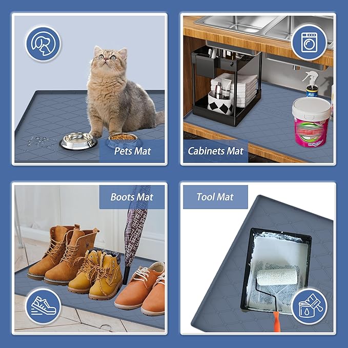 URMONA 34" x 22" Waterproof Silicone Mat in Multiple Sizes & Colors, Under Sink Mat for Kitchen & Bathroom, Pet Food Pad for Dogs & Cats, Kitchen Cabinet Liner, Multi-Purpose for Storage(Light Grey)