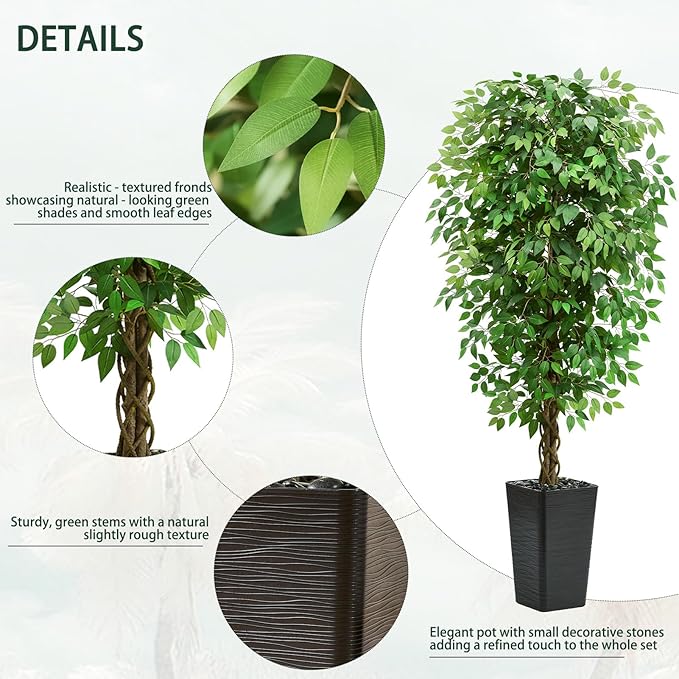 Artificial Ficus Tree 6FT Faux Floor Tree with Planter UV Resistant Potted Fake Silk Plant-Indoor Outdoor Lifelike Fake Ficus Tree for Home, Living Room Bedroom Topiary Tree