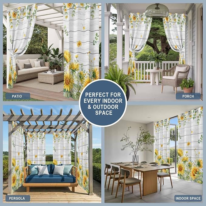 Sunflowers Outdoor Curtains for Patio Summer Floral Eucalyptus Leaf Wood Plank
