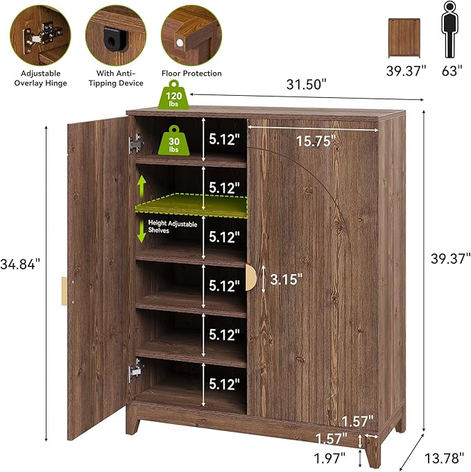 LITTLE TREE Wooden Shoe Cabinet with 2 Doors, 6-Tier Shoe Cabinet Storage for Entryway with 5 Adjustable Shelves, Farmhouse Tall Shoe Rack Organizer, Shoe Organizer Cabinet for Hallway, Rustic Brown