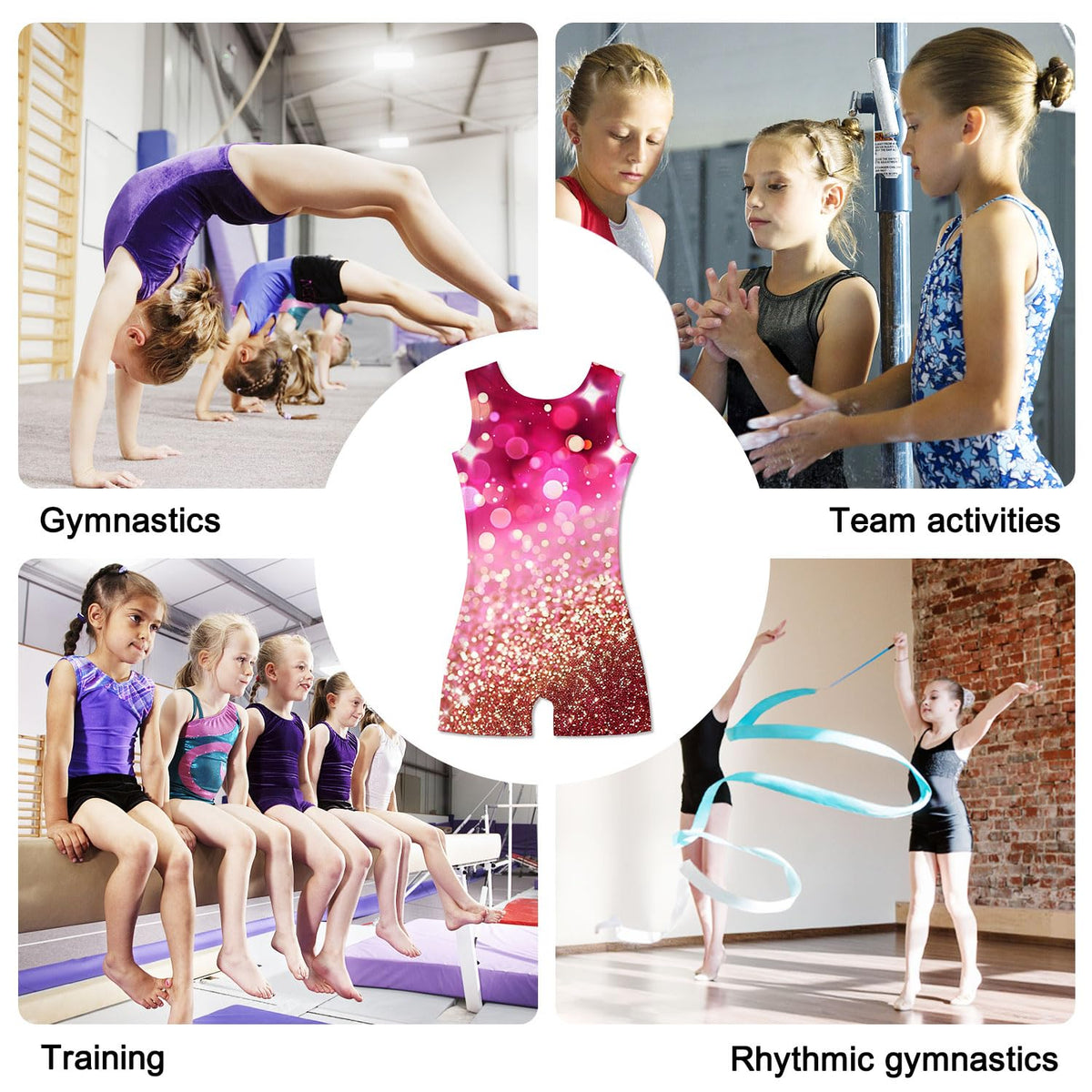 Funnycokid Gymnastics Leotards for Girls Sparkly Outfits Dance Clothes Unitards with Shorts, Diamond Pink Gold, 9-10 Years