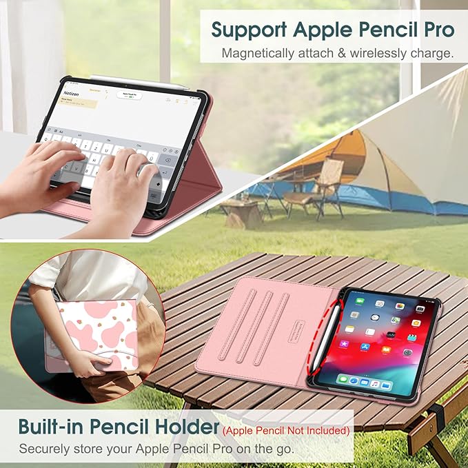 Fintie Folio Case for iPad Pro 11-inch (M5) 2025 / (M4) 2024 - Multiple Angles Viewing Stand Protective Cover with Pencil Holder & Pocket, Auto Wake/Sleep, Strawberry Cow