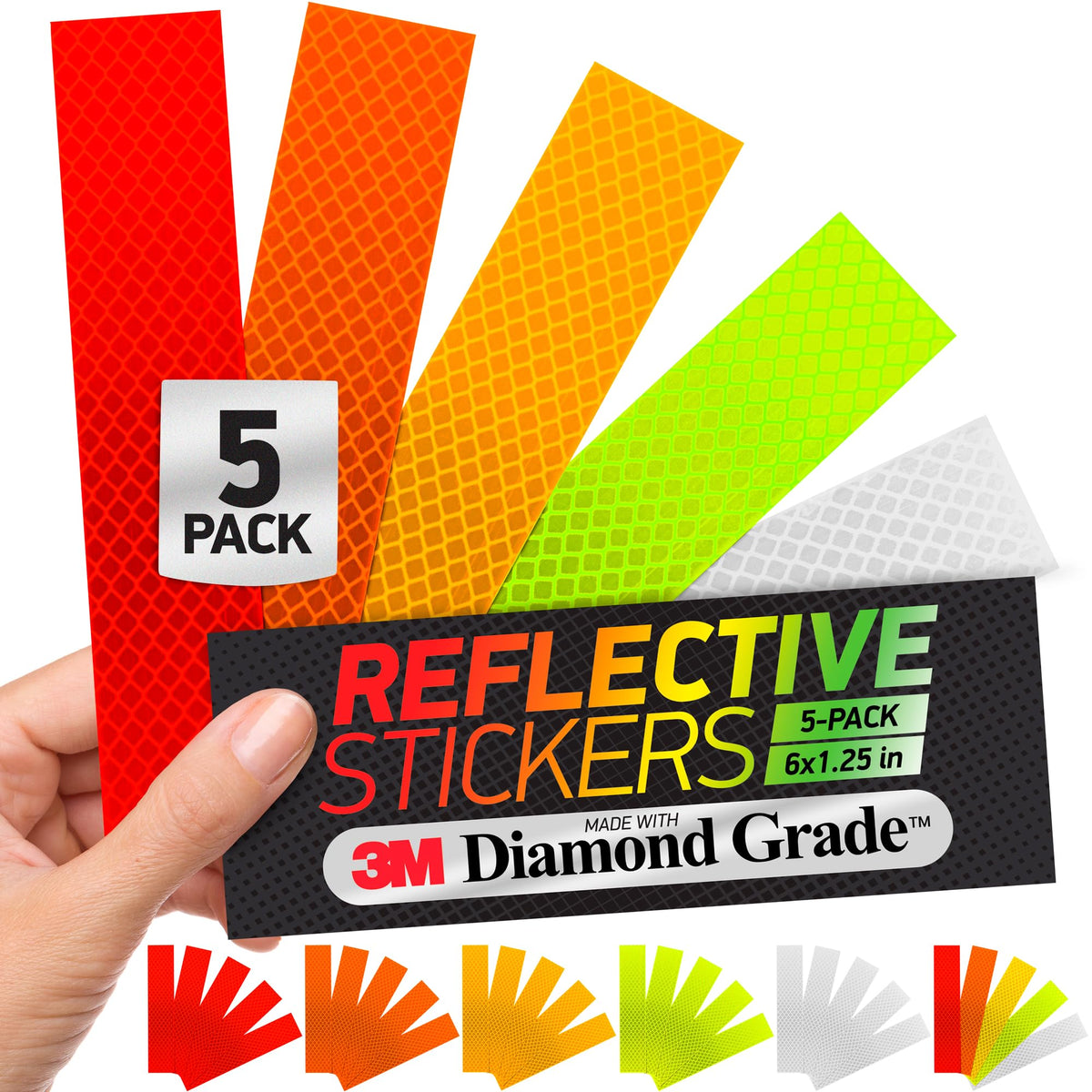 Byllstore Reflective Stickers | 3M Diamond Grade | Mixed Colors | 1.25″ x 6″ | 5-Pack | Reflective Safety Tape for Helmets, Cars, Mailboxes & More