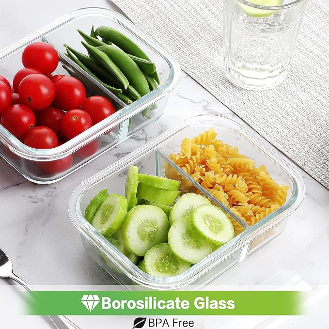 HOMBERKING 10 Pack 24oz Glass Meal Prep Containers 2 Compartment, Food Storage Containers with Lids, Airtight Glass Lunch Bento Boxes, BPA-Free & Leak Proof (10 lids & 10 Containers) - Deep Blue