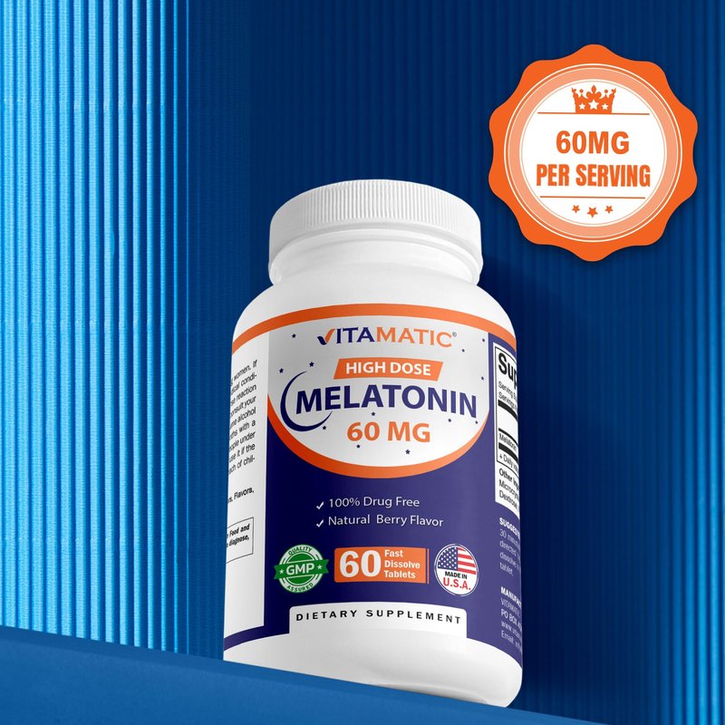 Vitamatic Melatonin 60 mg Fast Dissolve Tablets - 60 Vegan Natural Berry Flavor Tablets - Non-Habit Forming - Non-GMO, Gluten Free (1 Bottle)