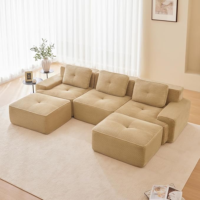115" Modern Corduroy Cloud Sofa with Ottoman, U Shaped Boneless Modular Large Sectional Couches for Living Room, Camel 3 Seater Compressed Memory Foam Couch, Extra Deep Seat, No Assembly