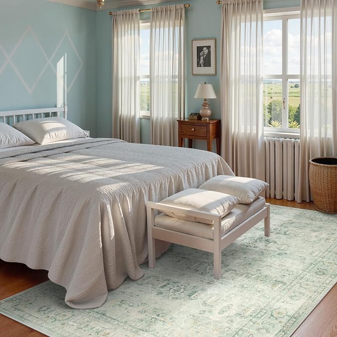 Lahome Vintage 5x7 Washable Green Rugs for Living Room Bedroom, Soft Dining Room Rugs for Under Table, Non Slip Indoor Throw Carpet for Entryway Kitchen Office (5x7ft,Light Green)