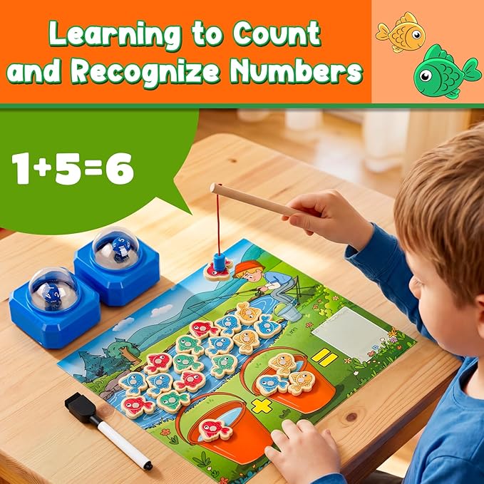 Magnetic Fishing Math Game for Kids with Dice Poppers, Fishing Game, Math Manipulatives for Kindergarten Preschool, Montessori Counting and Addition Dice Games Homeschool Learning Toy