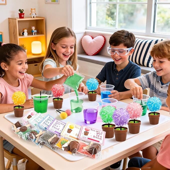 MOVINPE Crystal Flower Growing Kit for Kids – 12 Pack Valentine’s Day Classroom Gift Exchange, STEM Crystals Flower Science Kits with 6 Colors Crystal Powder & Seeds, Non-Candy School Gifts