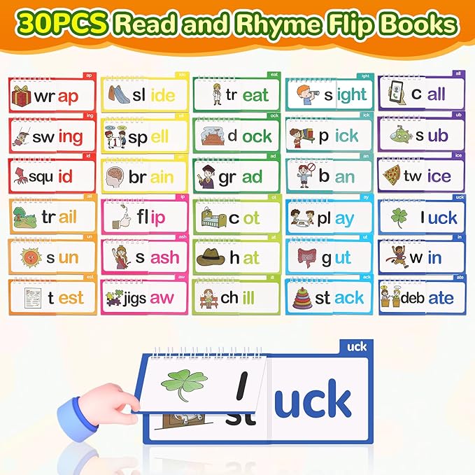 30PCS Read and Rhyme Flip Books, Interesting Word Family Flip Books, ABC Vocabulary Flash Cards, Sight Words Flash Cards Kindergarten, Read and Rhyme Flip Activity Book