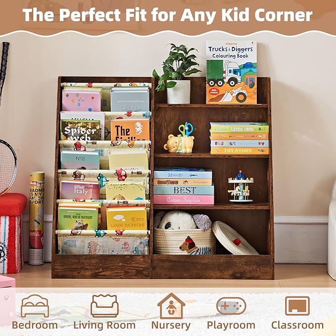 Lerliuo 4 Tier Kids Bookshelf and Storage Organizer, Five Layer Sling Children Bookcase, Baby Toddler Wooden Book Shelf, Display Cabinet for Playroom, Bedroom, Classroom, Nursery, School (Brown)