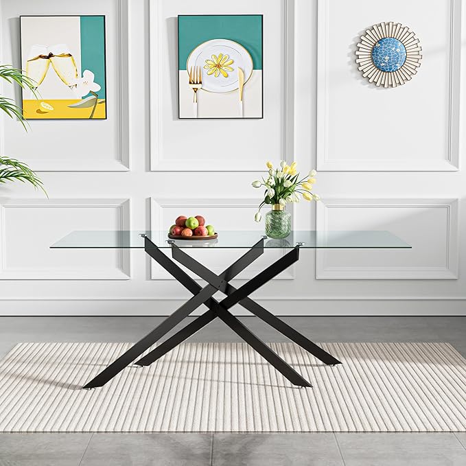 60" Rectangular Glass Dining Room Table for 6 with Tempered Glass Top and Black Metal Legs, Modern Clear Kitchen and Dinner Table for Home Office Dining Room