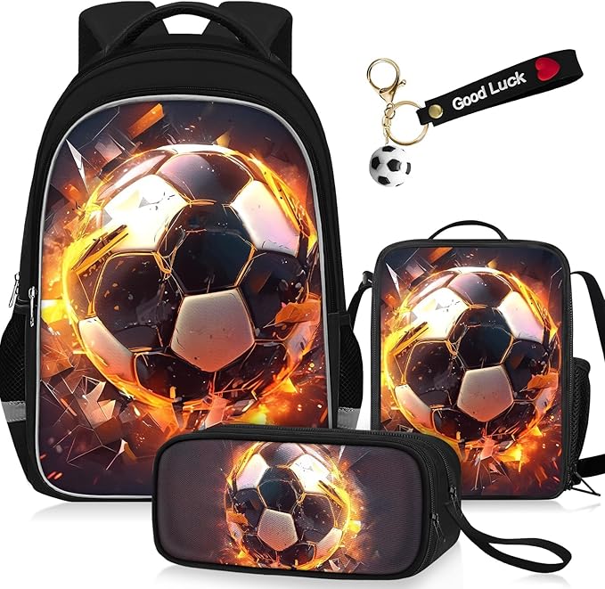 School Backpack for Boys - 4pcs Soccer Boys Backpack with Lunch Box and Pencil Case for Kids Children Teens Elementary Middle School - Students Bag for Ages 6-18,17″Bookbag Travel Back Pack