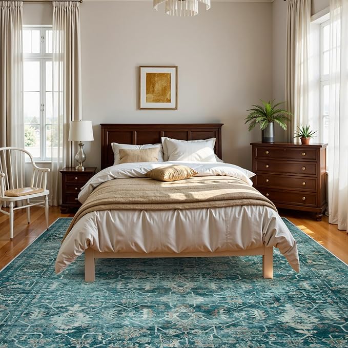 Lahome Vintage 8x10 Washable Blue Rugs for Living Room Bedroom, Boho Dining Room Rugs for Under Table, Soft Non Slip Indoor Throw Carpet for Home Office Playroom (8x10ft,Blue)