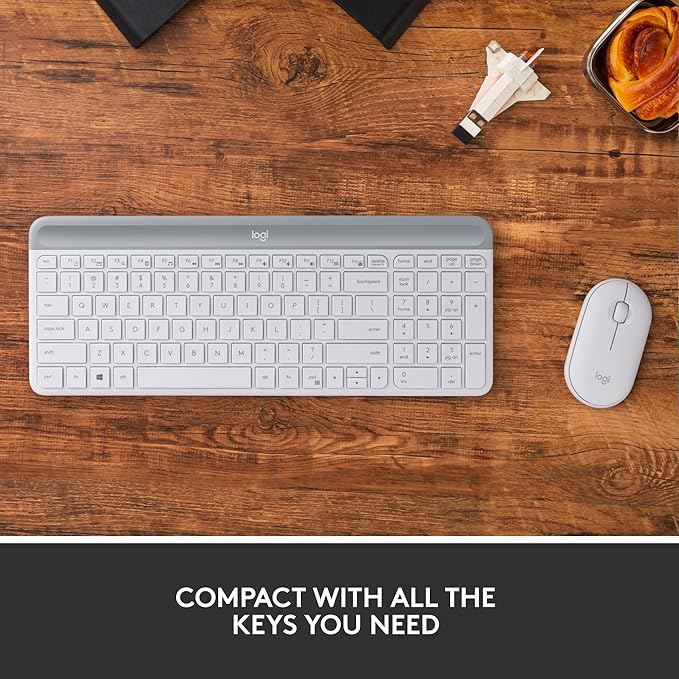 Logitech MK470 Slim Wireless Keyboard and Mouse Combo - Modern Compact Layout, Ultra Quiet, 2.4 GHz USB Receiver, Plug n' Play Connectivity, Compatible with Windows - Off White