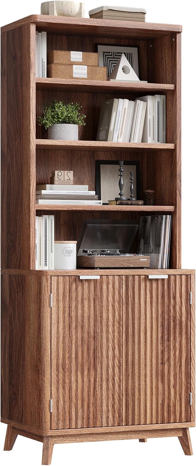 6-Tier Bookshelf, Modern Bookcase with Fluted Doors & Adjustable Shelves, Mid-Century Cabinet, Wooden Book Shelf for Home Office, Living Room, Kitchen, Walnut