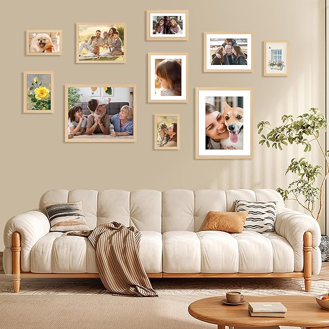 FIXSMITH 8x10 Picture Frame Set of 2, Photo Frame with HD Plexiglass, Display Pictures 5x7 with Mat or 8x10 Without Mat Multi Picture Frames Collage for Tabletop or Wall Display, Natural
