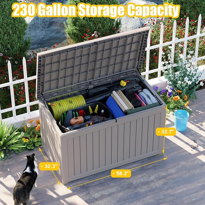 Vixzen 230 Gallon Resin Deck Box, Lockable Outdoor Storage Box for Patio Cushions Storage Furniture,Garden Tools, Pool Supplies, Weatherproof and UV Resistant- Grey