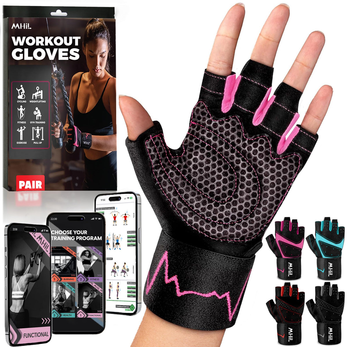 MhIL Workout Gloves for Women – Breathable Gym Gloves for Women with Palm Protection and Enhanced Grip – Padded Weight Lifting Glove for Womens with Wrist Wraps Support Weightlifting Exercise Cycling