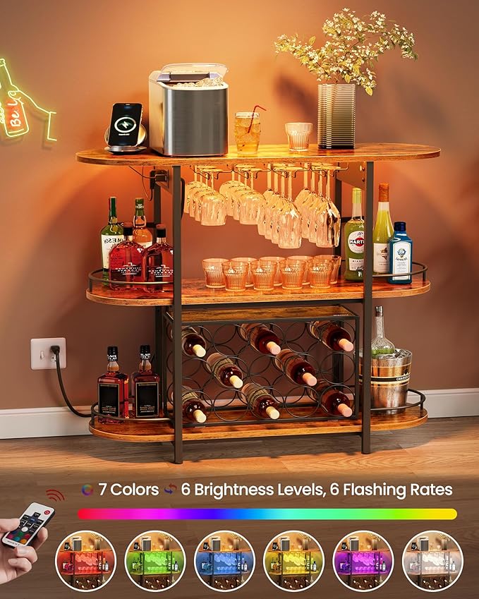 VASAGLE Bar Cabinet with LED Lights and Power Outlets, Freestanding Coffee Bar Wine Cabinet, Wine Rack, Glass Holder, Mini Bar for Liquor and Glasses, Kitchen, Dining Room, Rustic Brown ULWR007K01S