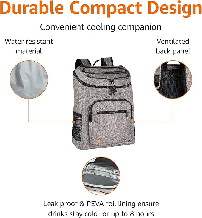 Amazon Basics Insulated Cooler Backpack, Leak-Proof, 30 Can Capacity, Portable Soft Sided Cooler, Keeps Cold for Hours, Gray