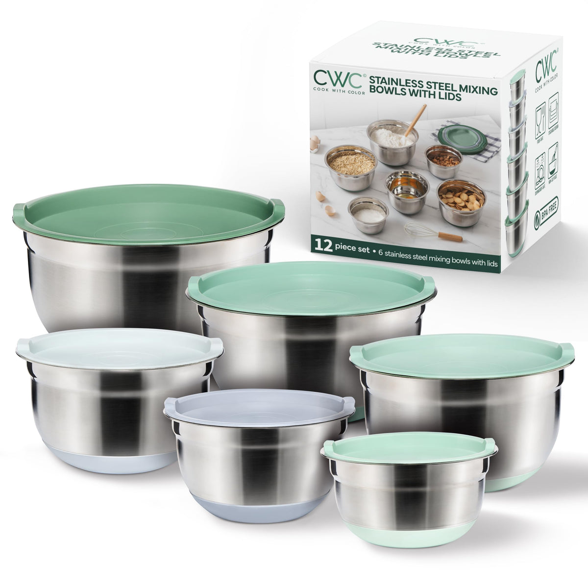 COOK WITH COLOR Stainless Steel Mixing Bowls Set with Lids - Nesting Bowls with Non-Slip Bottom, Grey, 12 Pieces