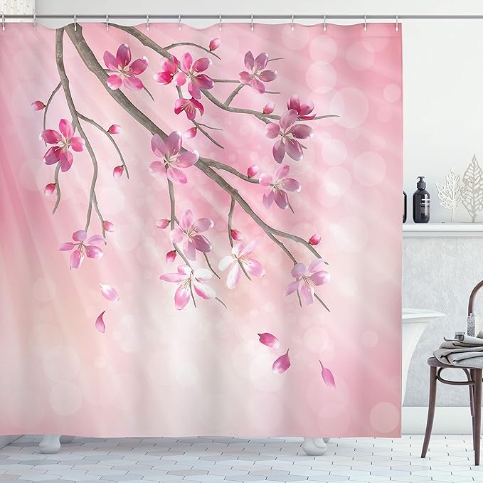 Ambesonne Nature Shower Curtain, Illustration of Spring Tree Branch with Blossoms Sun Beams on Blurred Background, Cloth Fabric Bathroom Decor Set with Hooks, 69" W x 75" L, Pink Fuchsia