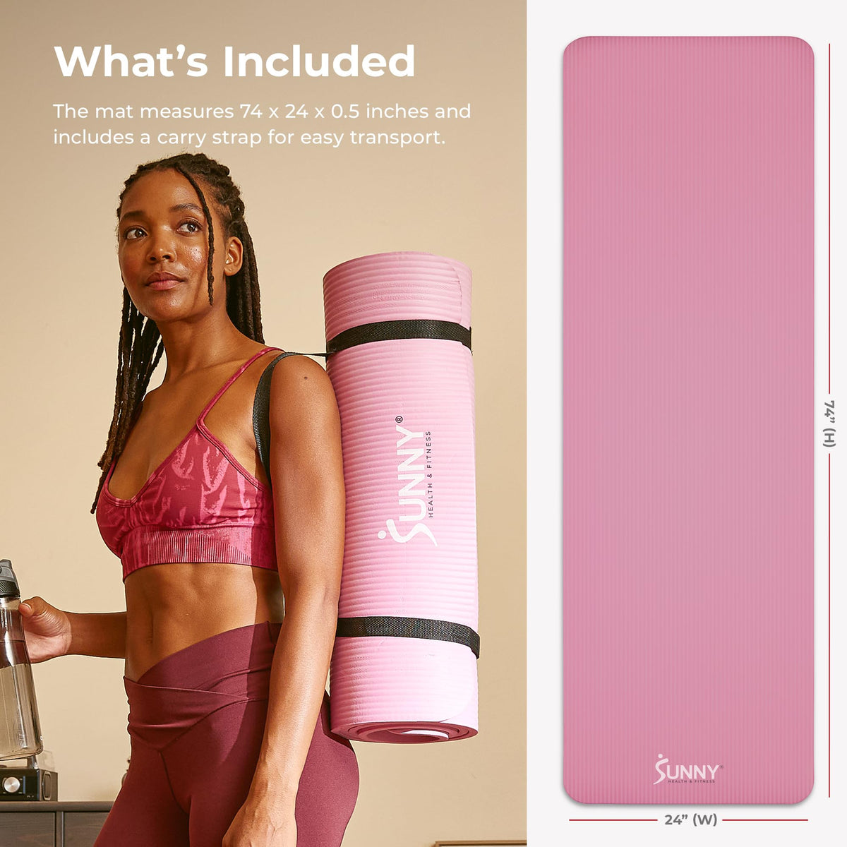 Sunny Health & Fitness 1/2" Thick Non-Slip Exercise Yoga Mat - Pink
