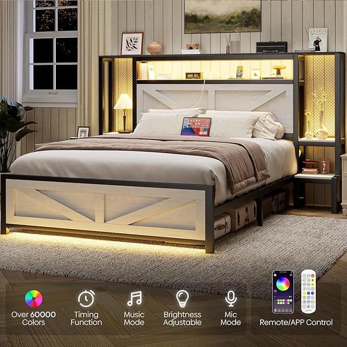 Queen Size Rustic Bed Frame with Storage Born Door Headboard and Bedside Storage, Industrial Farmhouse Metal Platform Bed Frame with Charging Station and LED Lights, White