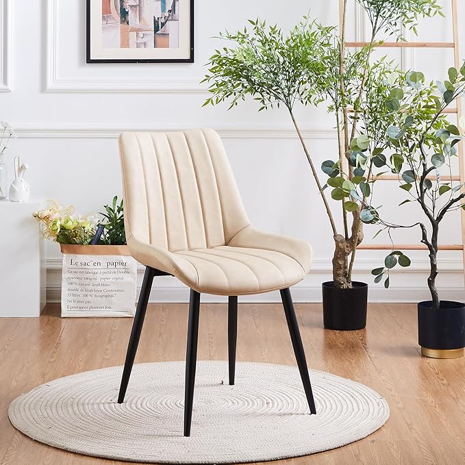 Dining Chairs Set of 6, Faux Leather Modern Linear Design Dining Chair with Metal Legs, 16.9" Seat Width Chair for Kitchen, Lounge, Reception Room, Restaurant, Commercial (Beige)