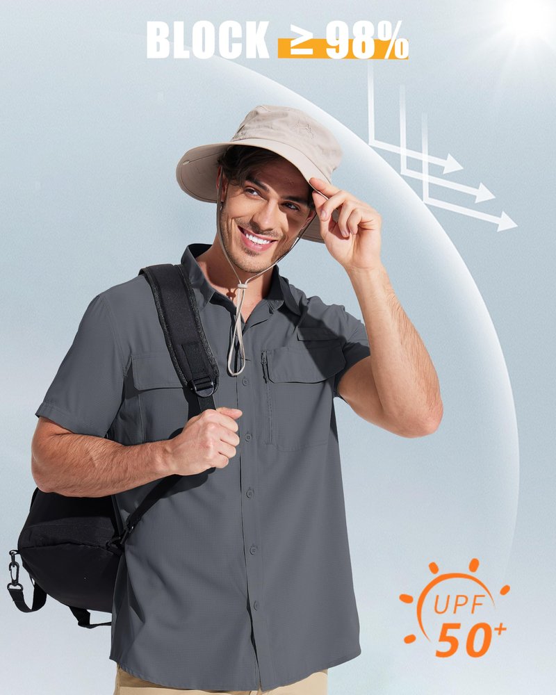 MAGCOMSEN Sun Shirts for Men Short Sleeve SPF Performance Fishing Shirts Dry Fit Light Weight Button Up Work Shirts Dark Grey M