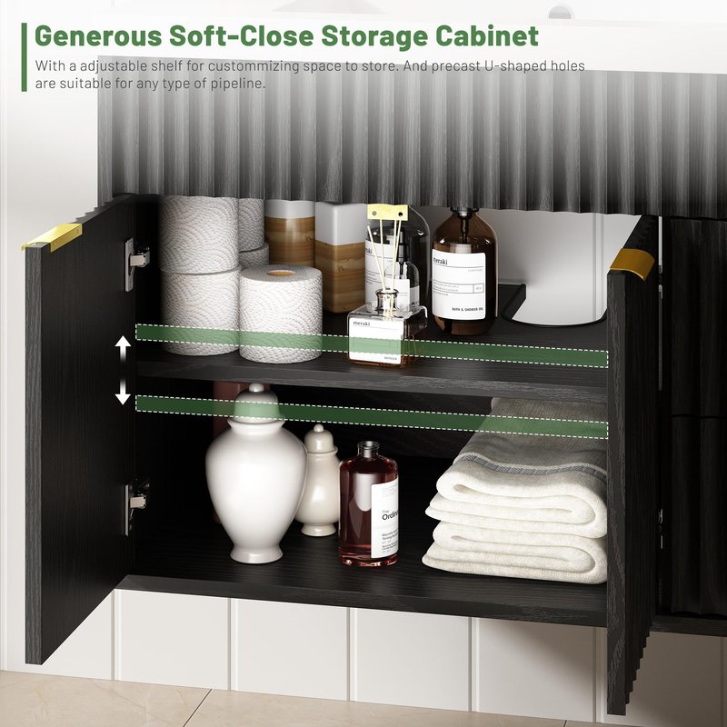 CARPETNAL 60 Inch Bathroom Vanity with Sink, Modern Fluted Large Double Sink Bathroom Vanity with Sink with 2 Storage Cabinets, Adjustable Shelf and 2 Drawers, Black
