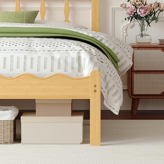 Bamboo Twin XL Bed Frame with Headboard, 14 inch Solid Wood Platform Bed Frames Twin XL Size with Metal Slats, No Box Spring Needed, Easy Assembly, Noise Free