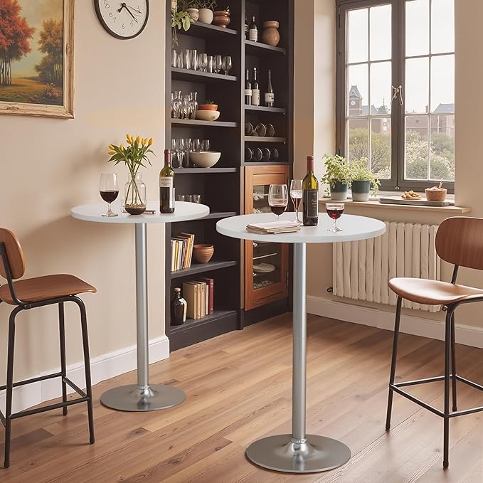 Homall Round Dining Table Bistro Pub 23.8 x 39.5 Inches Bar Table for Kitchen, Dining Room (2, White-Silver)