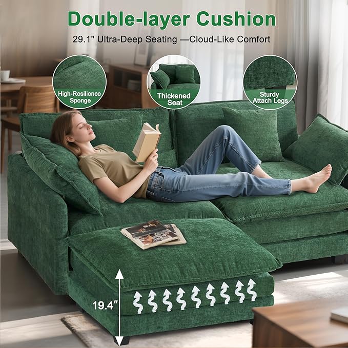 77" L Shaped Cloud Loveseat Sofa with Ottoman｜3-Seat Chenille Sectional Couch with 29.1" Deep Seat｜FSC Certified Solid Wood & Metal Frame｜Easy Assembly & 1YR Guarantee ｜for Living Room Apartment