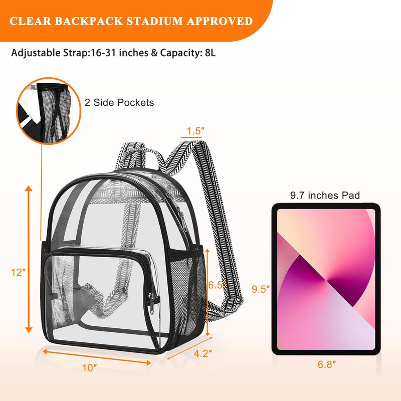Lyingflat Clear Bag for Stadium Events 12x12x6 Small Clear Backpack Stadium approved for Festival Concert Sport Events Work Travel, Black Guitar