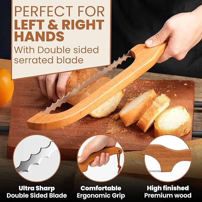 16" Premium Bread Slicer for Homemade Bread Knife For Homemade Bread Bow Sourdough Knife Starter Kit Bread Dough Tools Slicing Bagel slicer Wooden Sandwich Cutter Handle Saw breadly Razor Both Hand