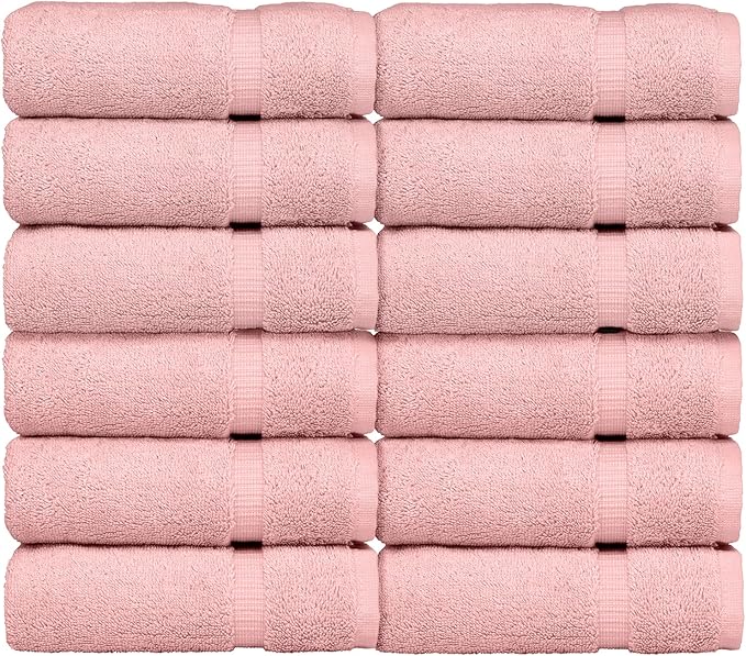 Luxury Hotel & Spa Quality, 100% Turkish Cotton 700 GSM Cloth, Towel, for Body wash, Makeup & Facial Cleaning, Baby, face, loofah, Dobby Border Soft washcloths Towel Set 13" X 13", Pink, Set of 12