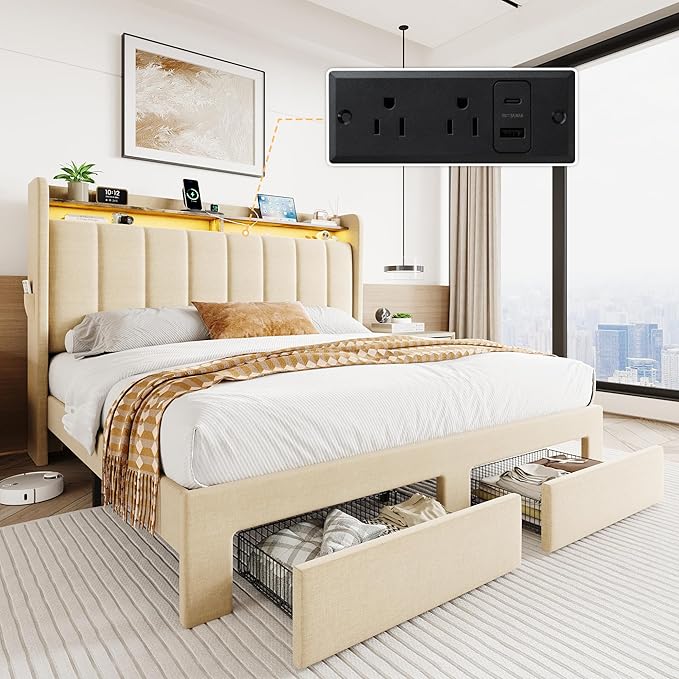 SHA CERLIN Queen Platform Bed Frame with Vertical Channel Tufted Wingback Headboard & 2 Storage Drawers/2-Tier Shelves with LED Lights & Charging Station/Noise-Free/No Box Spring Needed/Beige
