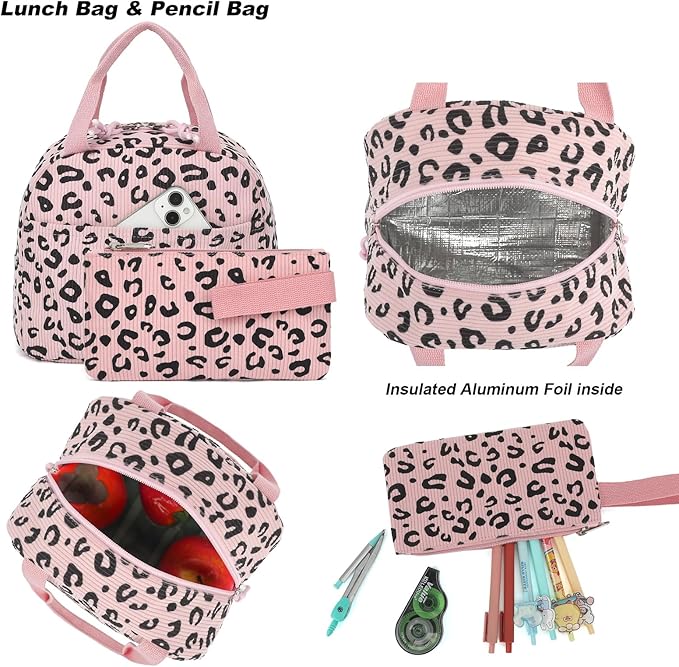 Corduroy Girls Backpack Set, 3PCS School Backpacks for Kids Elementary Middle School Bags with Lunch Box Pencil Case (Pink Corduroy Leopard)