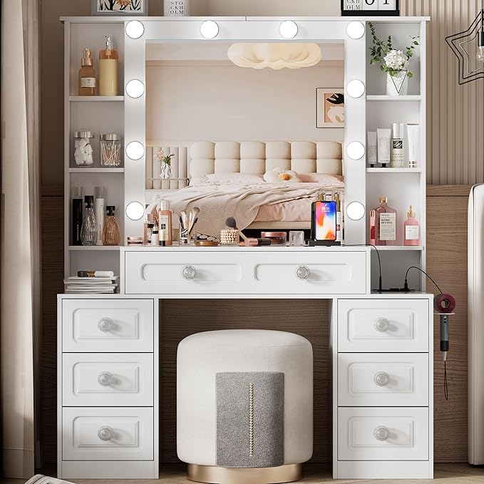 Farmhouse Makeup Vanity with Lighted Mirror & Charging Station, Vanity Desk Dresser Table with 3 Lighting Modes Brightness Adjustable,Drawers,Hair Dryer Stand for Bedroom,White(No Stool)
