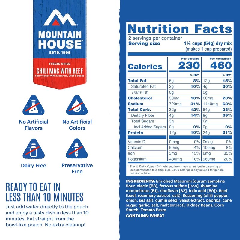 Mountain House Chili Mac with Beef | Freeze-Dried Food for Camping, 4 Servings, 30-Year Shelf-Life, 2-Pack