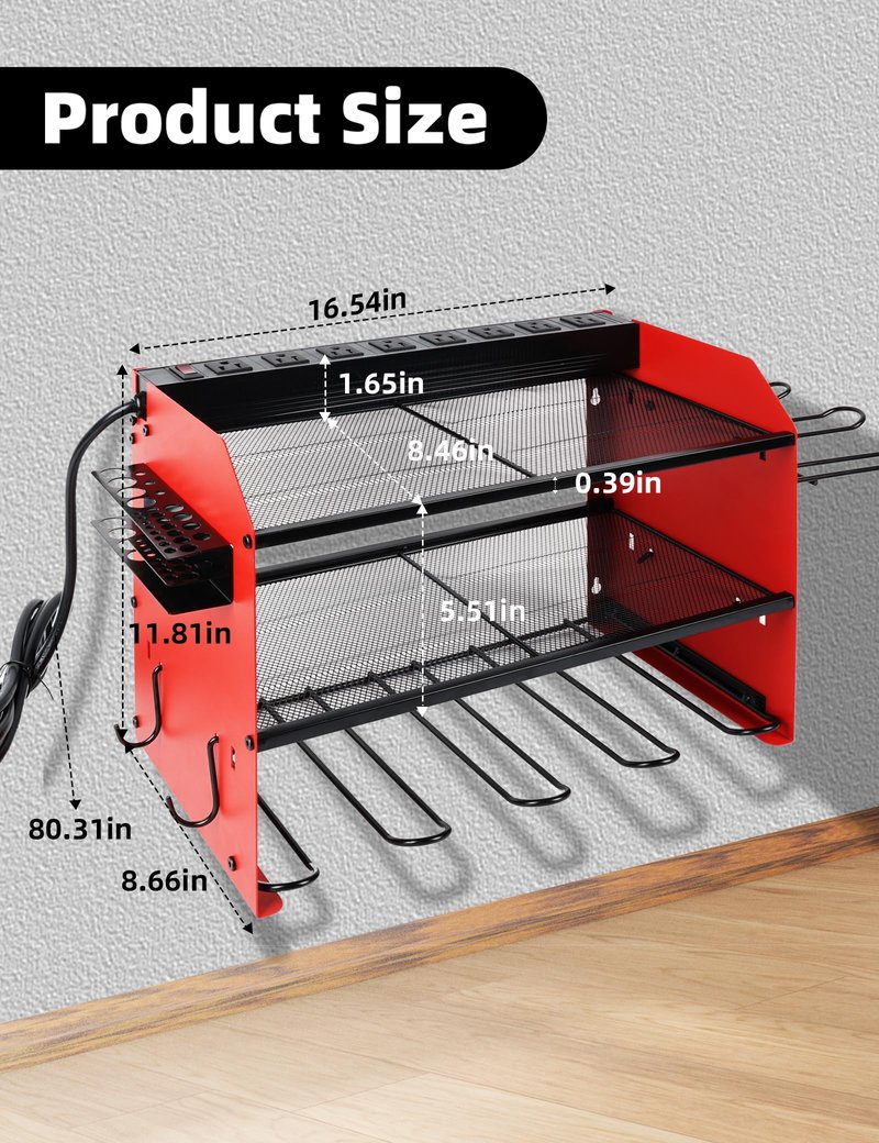 Power Tool Organizer wtih Charging Station，3 Layers Storage Rack with Screwdriver Rack 6 Drill Holders 8 Outlets Max Load 110lbs，for Workshop Garage Organizers and Storage Tool Battery Holder (Red)
