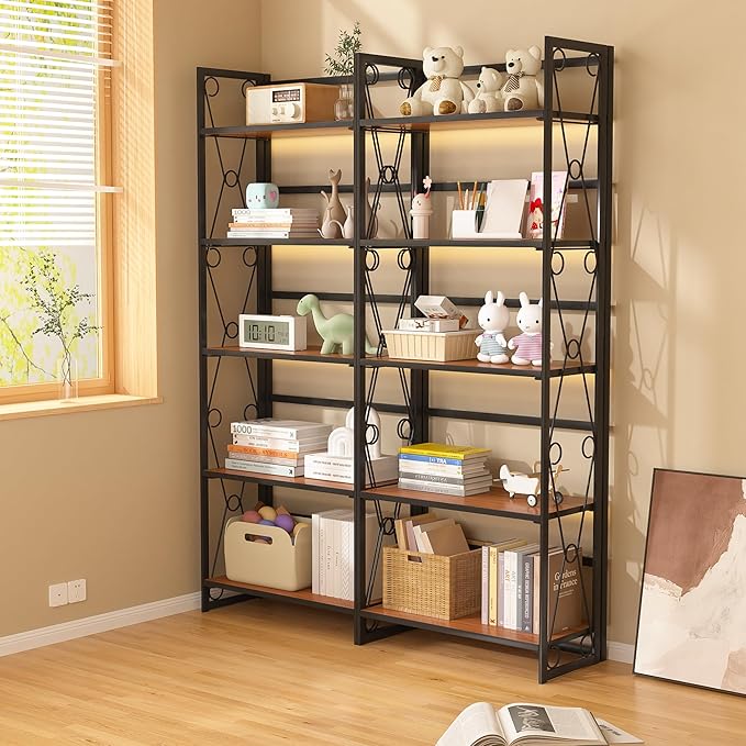 VECELO Folding Bookshelf,5 Shelf Bookcase No Assembly, Industrial Metal Frame Book Shelves Organizer for Living Room, Office,Brown, 2 Set