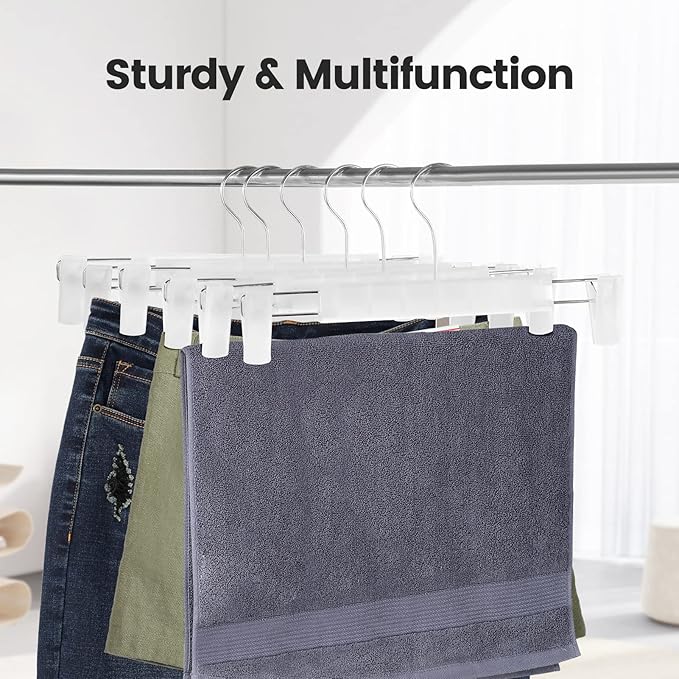 10 Pack Pants Hangers with Adjustable Non-Slip Clips Anti-Rust Hanging Hook for Trouser,Skirts,Jeans,Clothes Hangers Transparent