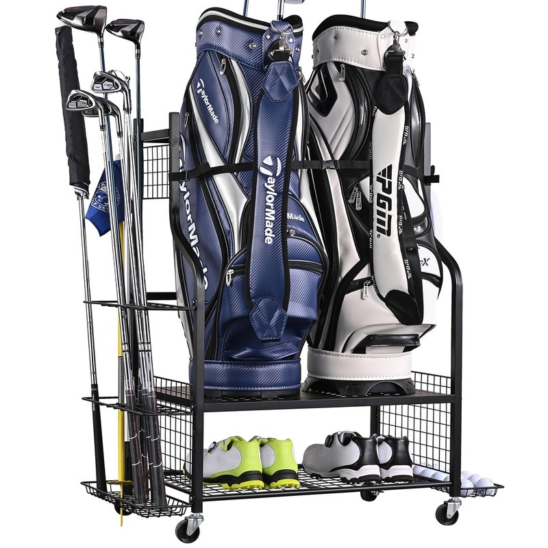 PLKOW Golf Storage Golf Bag Organizer Fits for 2 Golf Bags Golf Clubs Golf Equipment, Golf Bag Holder Golf Organizer for Garage Shed Basement